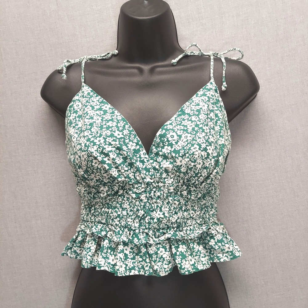 Y2K Floral Babydoll Ruched Cami Top M Boho Tie Straps Ruffle Hem Cottagecore